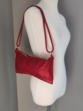 Beautiful Red Metallic Mesh Sequin Shoulder Bag with Unique Double Chain Strap